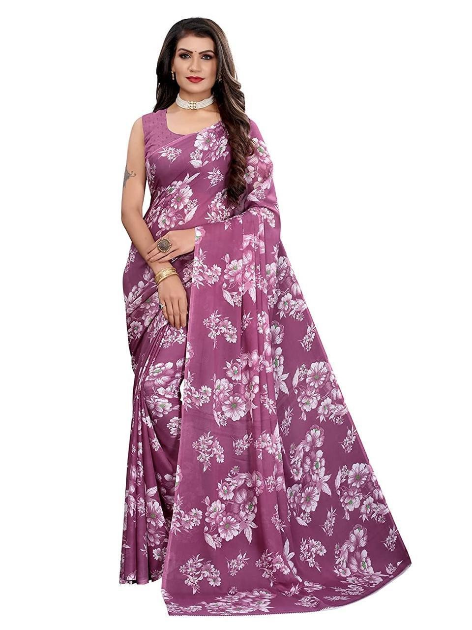 sky blue and purple floral print georgette saree